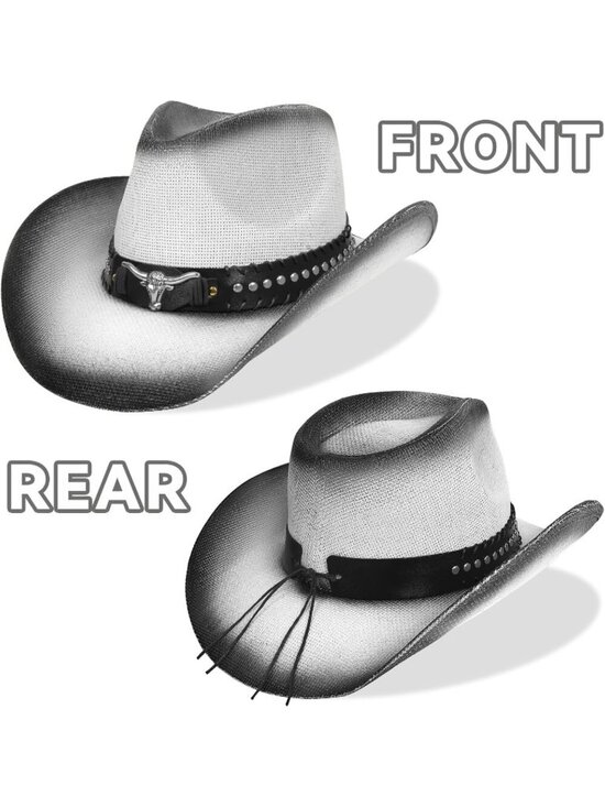 Women Black White Cowgirl Western Straw Wide with Shapeable Brim Cowboy Hat